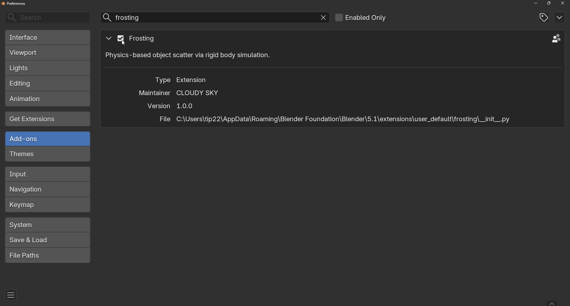 Edit › Preferences › Add-ons with Frosting enabled and expanded