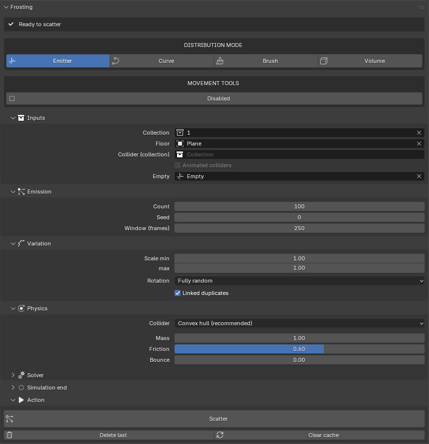 Full Frosting sidebar in Ready state with Inputs, Emission, Variation, Physics and Action sub-panels