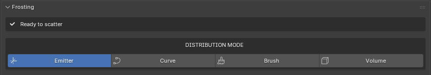 Top of the Frosting panel showing Ready to scatter and the DISTRIBUTION MODE row with Emitter / Curve / Brush / Volume buttons