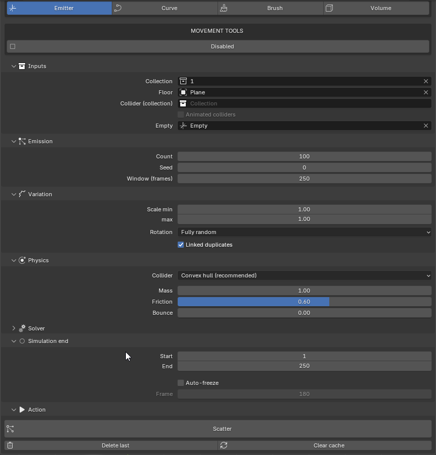 Full Frosting sidebar in Emitter mode with Inputs, Emission, Variation, Physics, Simulation end and Action sub-panels expanded