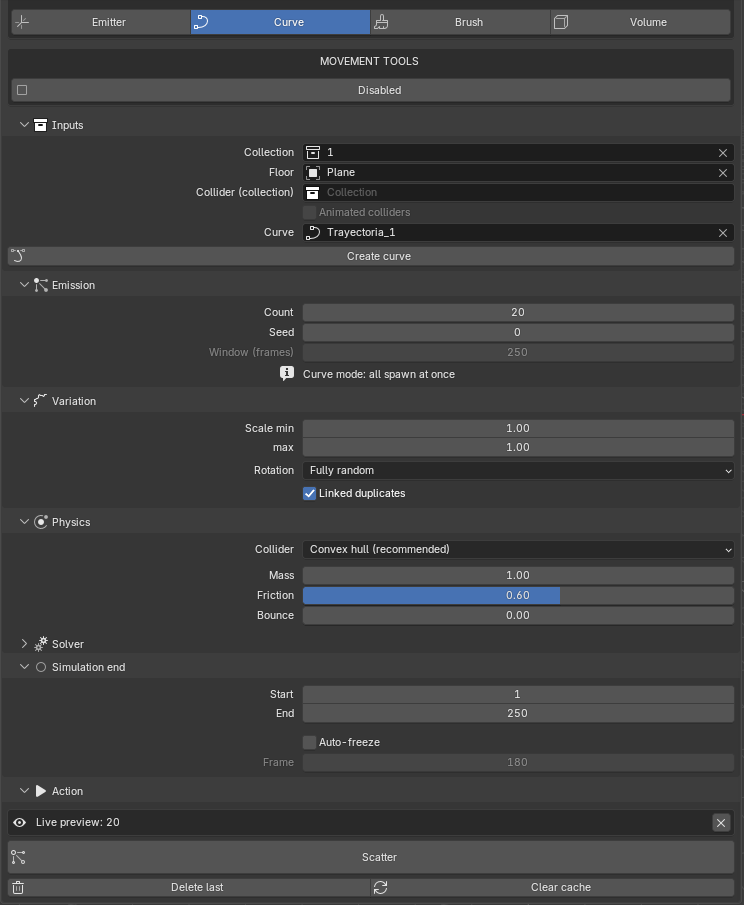 Sidebar in Curve mode with the Curve field in Inputs, Create curve button, the all-spawn-at-once notice in Emission, and the Live preview row in Action