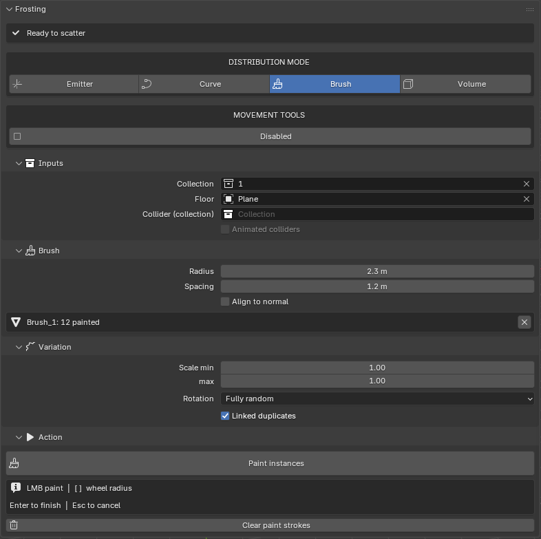Sidebar in Brush mode with the Brush sub-panel (Radius / Spacing / Align to normal), painted instance counter, and Paint instances button