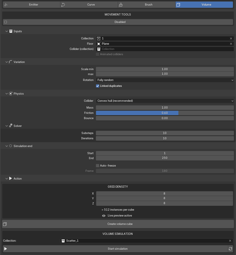 Sidebar in Volume mode with Inputs, Variation, Physics, Solver and Simulation end expanded, plus GRID DENSITY (X/Y/Z), Create volume cube button, and VOLUME SIMULATION box