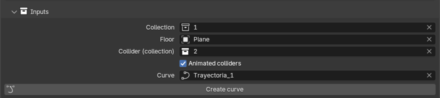 Close-up of the Inputs sub-panel with Collection, Floor, Collider (collection) populated, Animated colliders enabled, the mode-conditional Curve field and the Create curve button