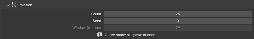 Close-up of the Emission sub-panel with Count, Seed and Window (frames) fields, plus the Curve mode: all spawn at once notice