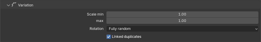 Close-up of the Variation sub-panel with Scale min and max, Rotation dropdown set to Fully random, and Linked duplicates enabled
