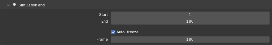 Close-up of the Simulation end sub-panel with Start and End fields and Auto-freeze enabled showing the Frame field active