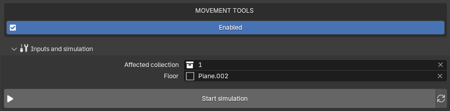 Sidebar with the MOVEMENT TOOLS toggle enabled, the Inputs and simulation sub-panel expanded with Affected collection and Floor, and the Start simulation button