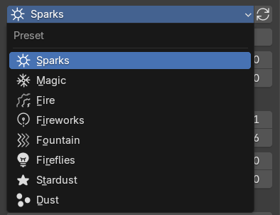 SOL preset dropdown open, showing Sparks, Magic, Fire, Fireworks, Fountain, Fireflies, Stardust and Dust