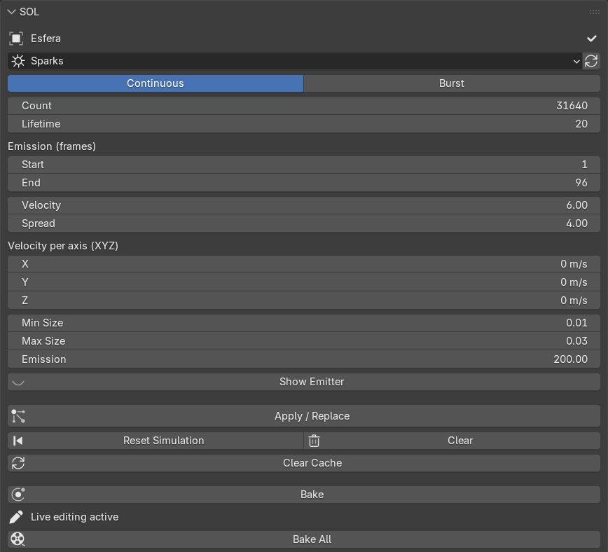 The full main SOL panel: Mode, Count, Lifetime, Emission, Velocity, Spread, Velocity per axis, Min/Max Size, Show Emitter and the Apply / Reset / Clear / Bake button row