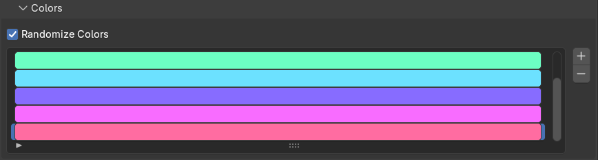 The Colors sub-panel: Randomize Colors checkbox, a multicolor palette of swatches and the + / − buttons