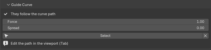 The Guide Curve sub-panel with a curve added: 'They follow the curve path', Force and Spread sliders, the Select button with an X, and the 'Edit the path in the viewport (Tab)' note