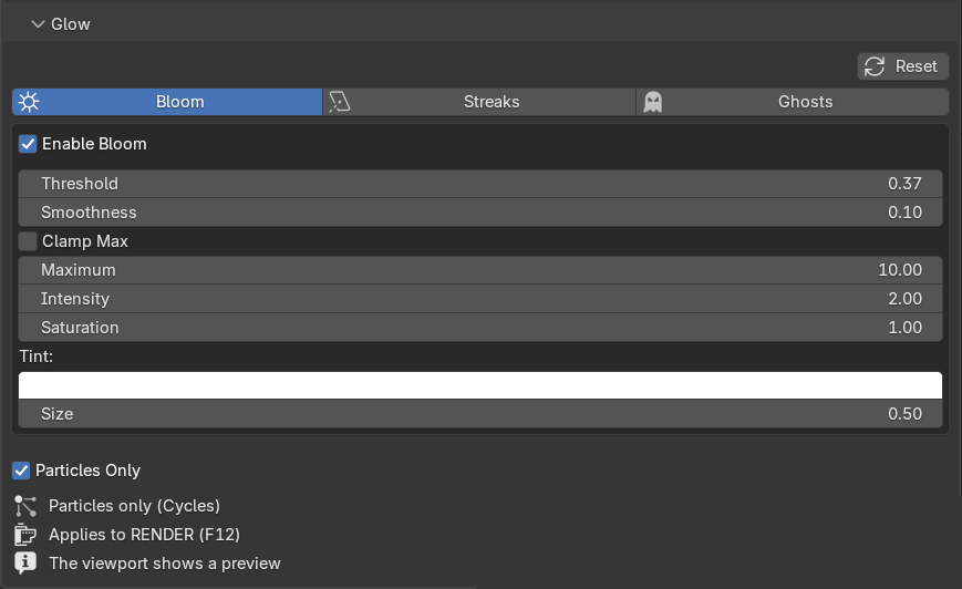 The Glow sub-panel with the Bloom / Streaks / Ghosts tabs (Bloom active): Threshold, Smoothness, Clamp Max, Maximum, Intensity, Saturation, Tint and Size, plus the Particles Only checkbox and Reset